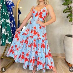 NWT Women’s Tropical Print Maxi Dress -Lace-Up Back Size One Size (Small/Medium)